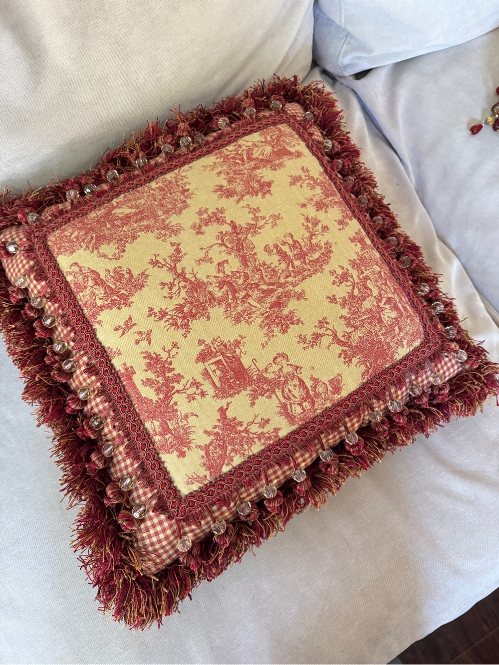French Country Cottage Red Ivory English Toile Check Tassels Beaded Foam Pillow